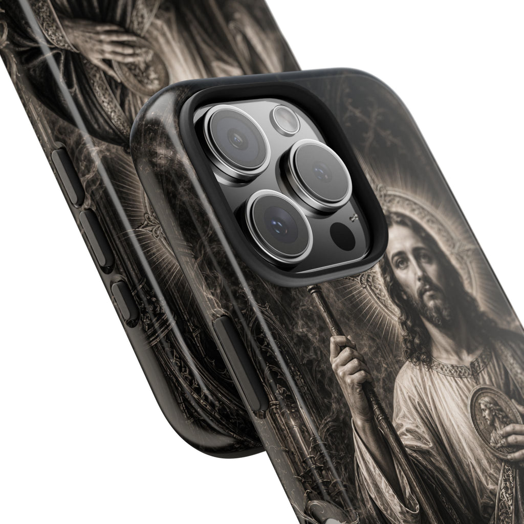 San Judas Tadeo black and grey Gothic cathedral tough iPhone case mockup