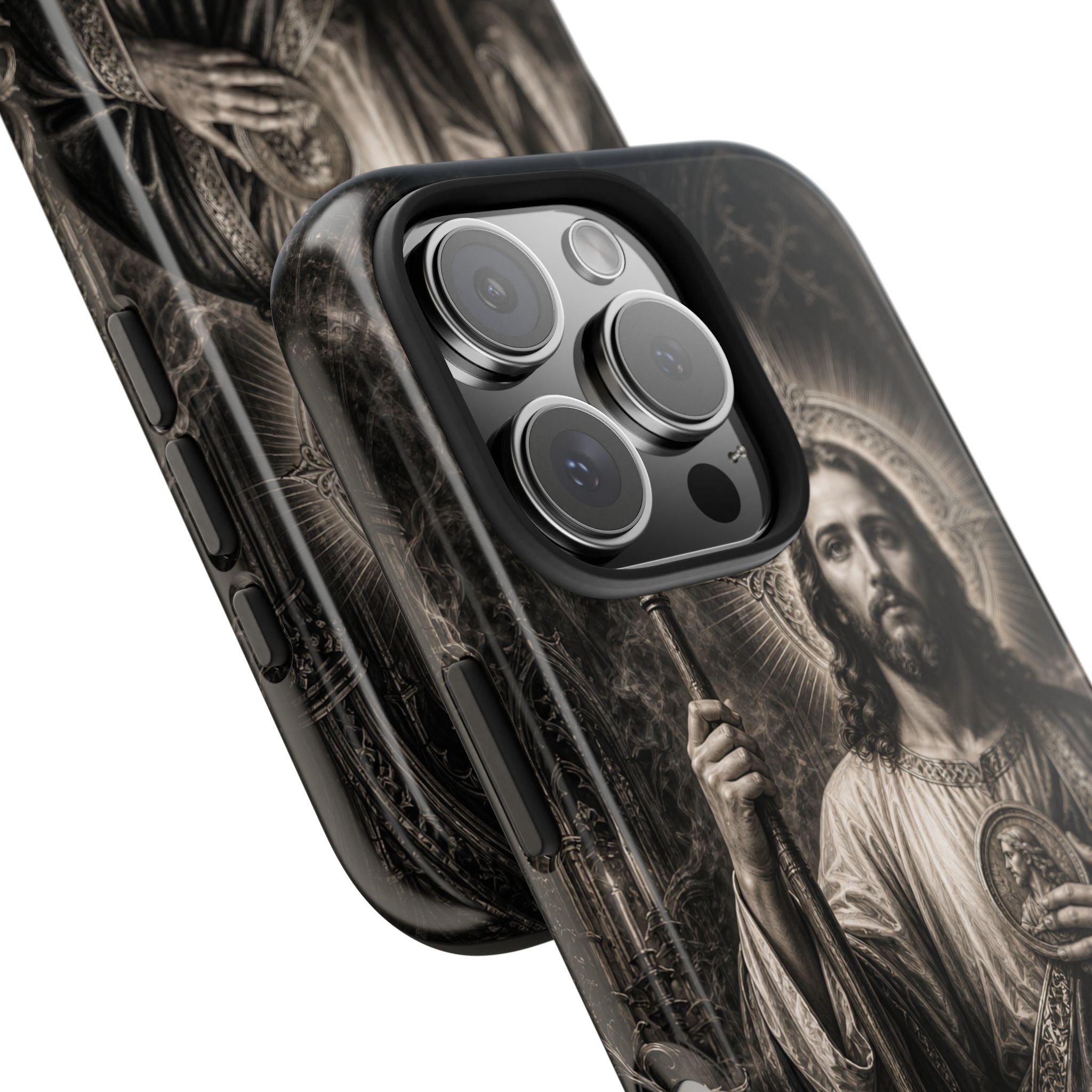 San Judas Tadeo black and grey Gothic cathedral tough iPhone case mockup