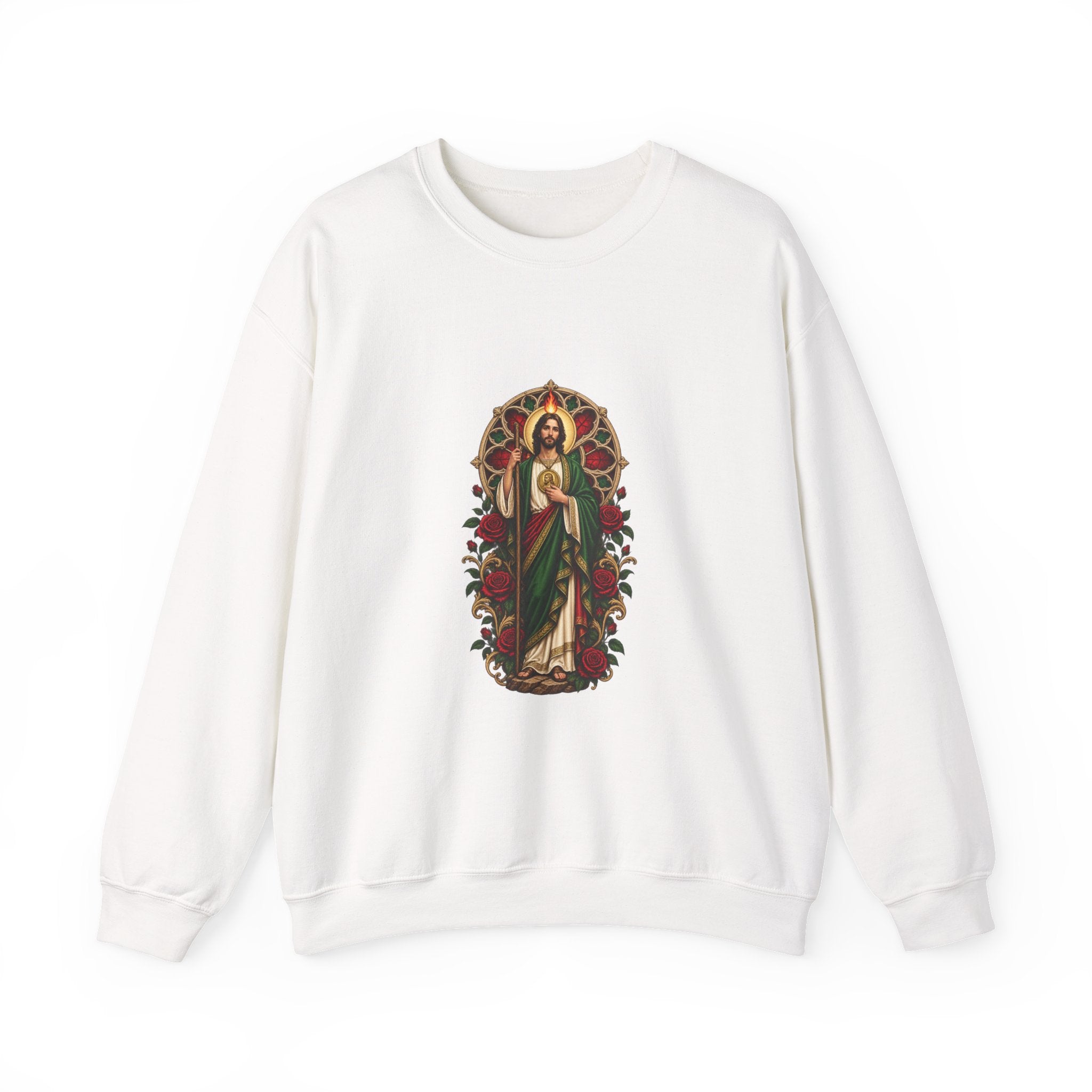 Crimson Rose Window San Judas Tadeo illustration on a crewneck sweatshirt