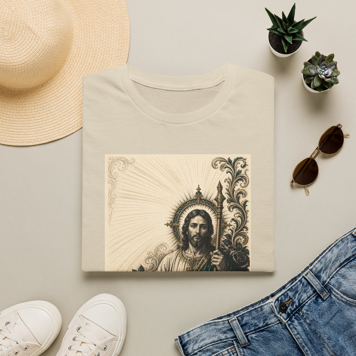 San Judas Tadeo Emerald & Gold Sacred Heart Unisex T-Shirt product view 3
