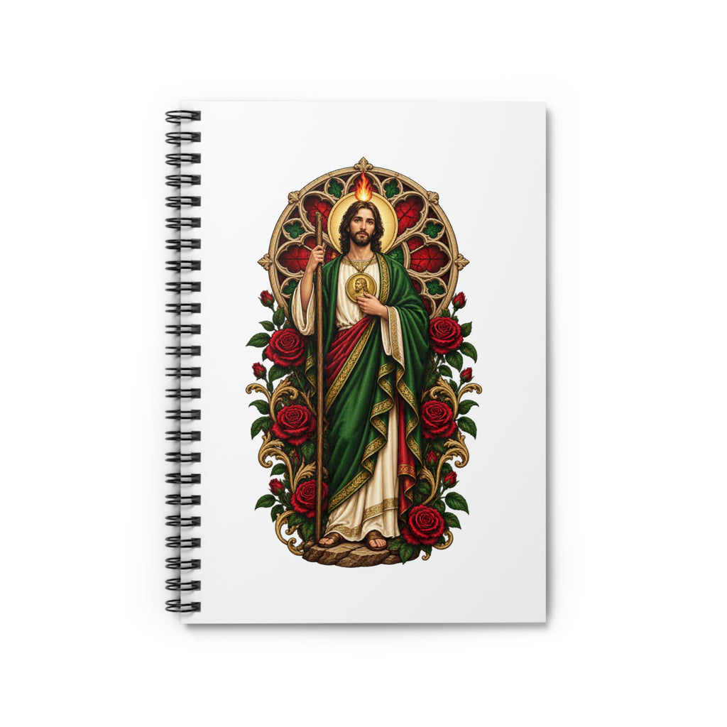 Crimson Rose Window San Judas Tadeo illustration on a spiral notebook