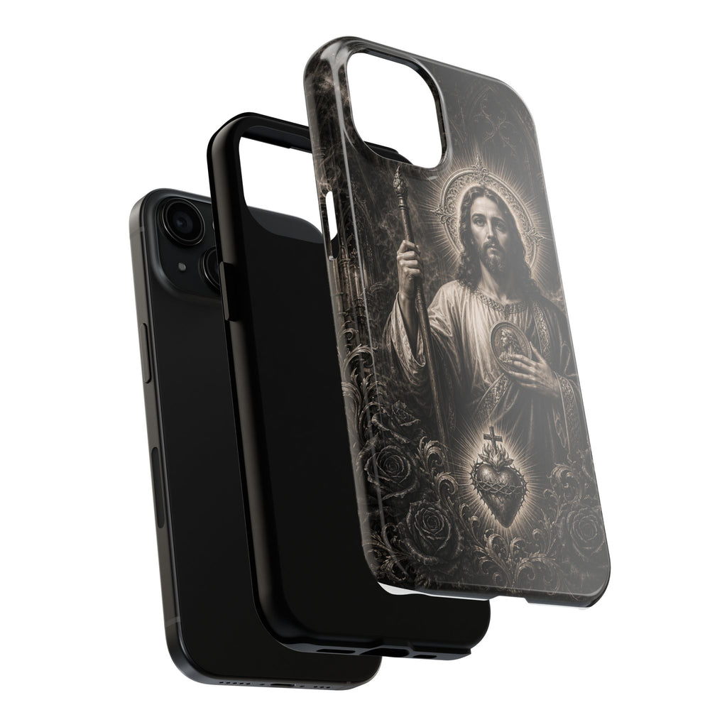 San Judas Tadeo black and grey Gothic cathedral tough iPhone case mockup
