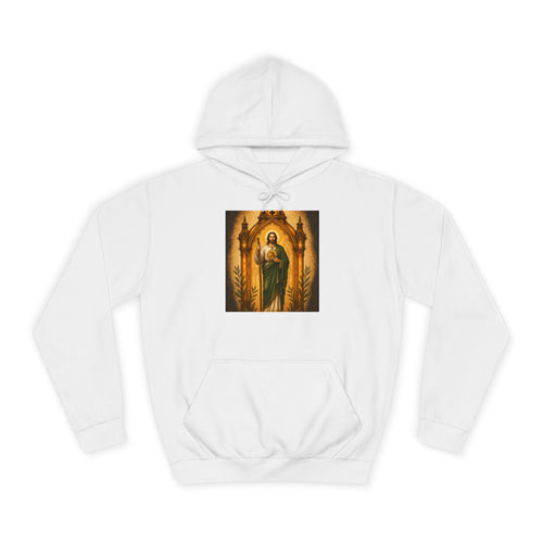 amber, charcoal, and olive San Judas Tadeo Amber Pilgrim Lantern illustration on a unisex hoodie