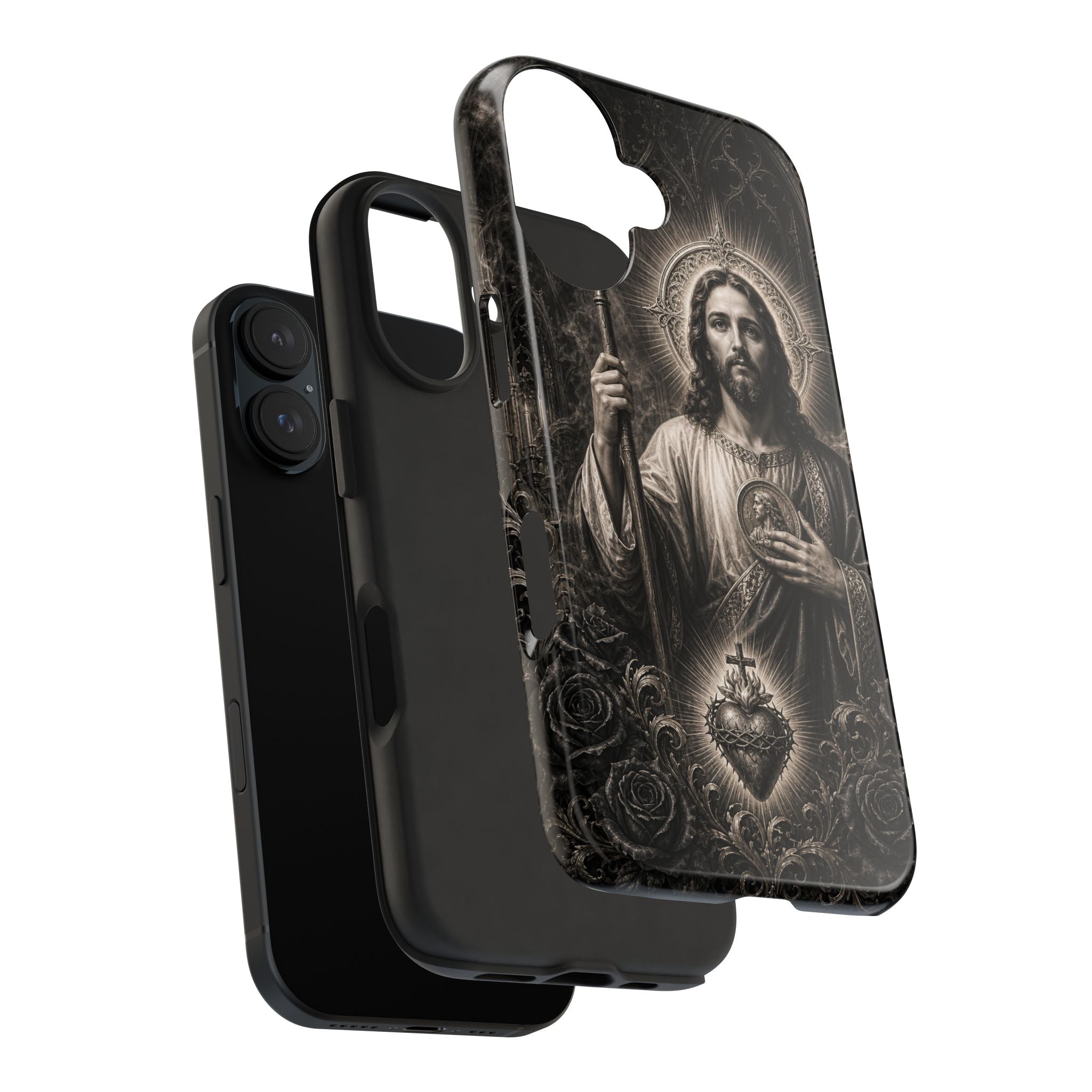 San Judas Tadeo black and grey Gothic cathedral tough iPhone case mockup
