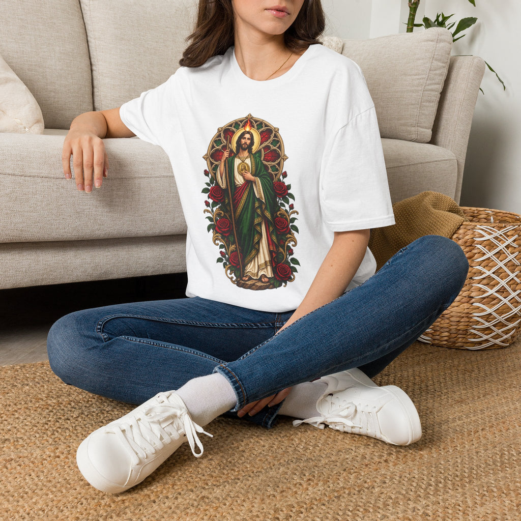 San Judas Tadeo Crimson Rose Window Unisex T-Shirt product preview, view 2