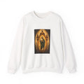 amber, charcoal, and olive San Judas Tadeo Amber Pilgrim Lantern illustration on a crewneck sweatshirt