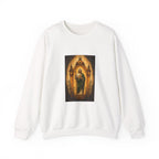 amber, charcoal, and olive San Judas Tadeo Amber Pilgrim Lantern illustration on a crewneck sweatshirt