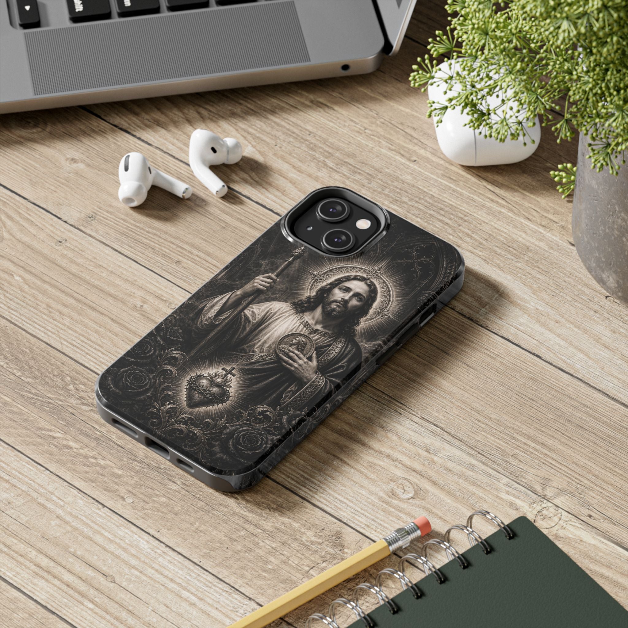 San Judas Tadeo black and grey Gothic cathedral tough iPhone case mockup