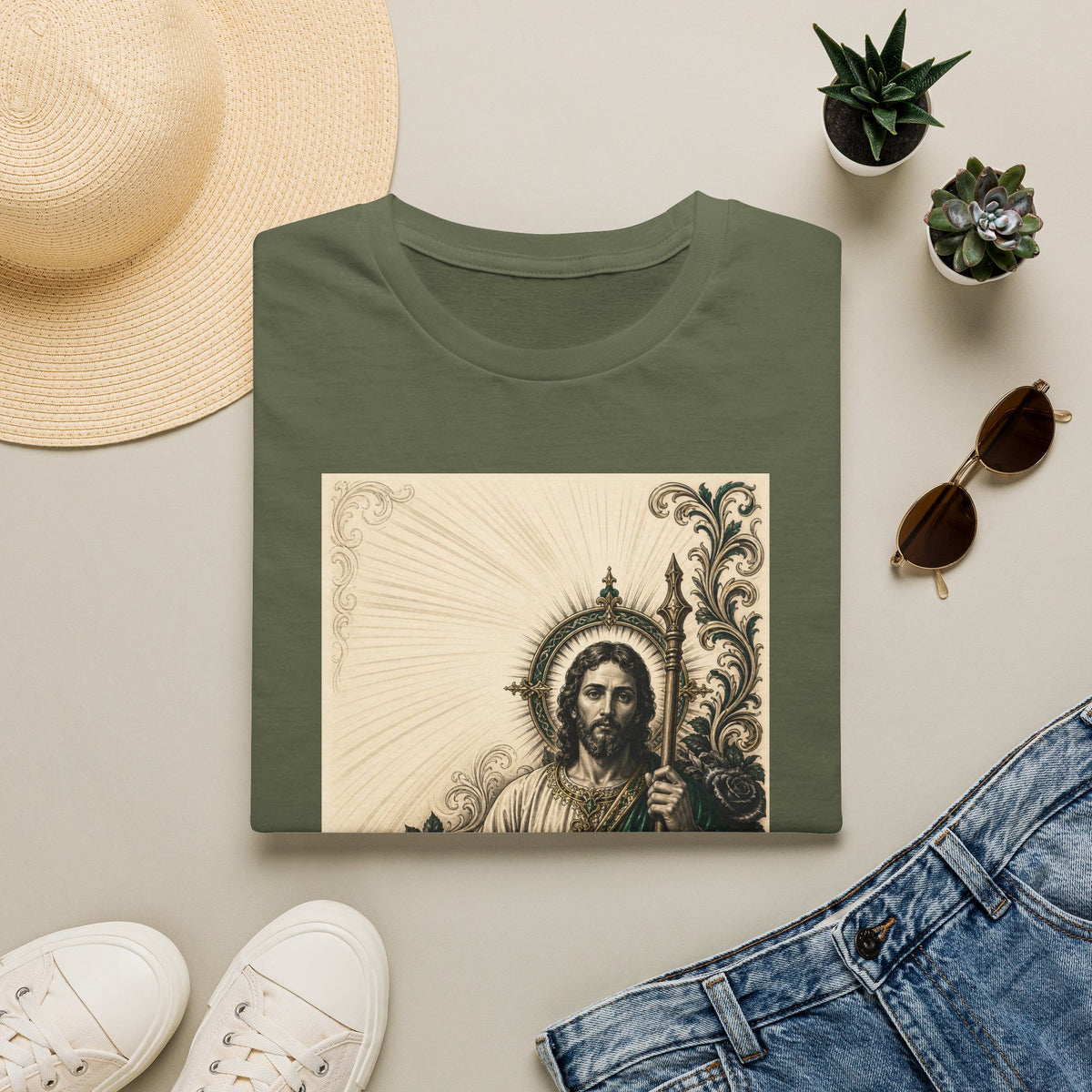 San Judas Tadeo Emerald & Gold Sacred Heart Unisex T-Shirt product view 5