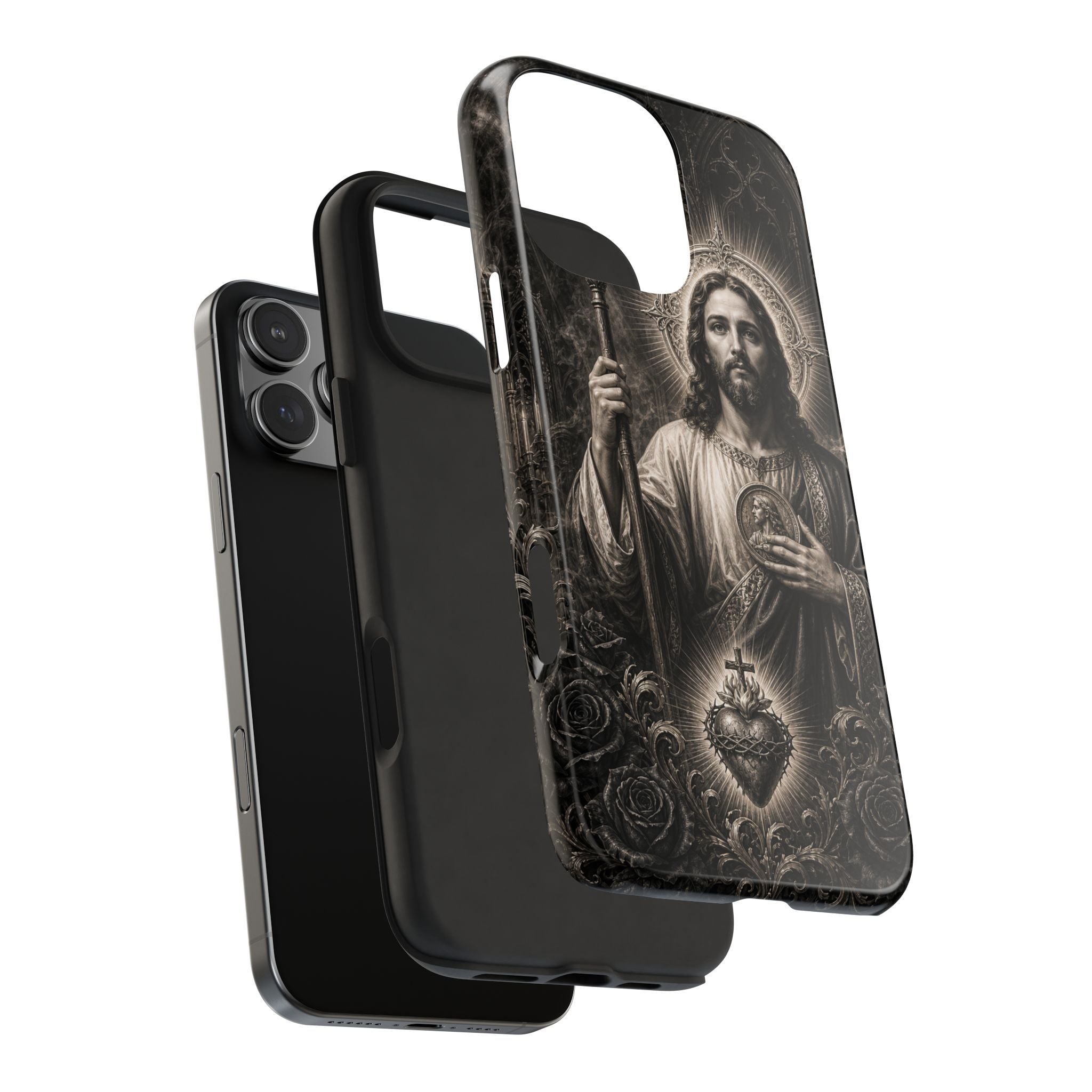 San Judas Tadeo black and grey Gothic cathedral tough iPhone case mockup