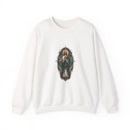Midnight Compass San Judas Tadeo illustration on a crewneck sweatshirt
