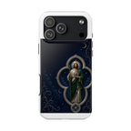 iPhone 17 Pro Max San Judas phone case with silver moon quatrefoil artwork