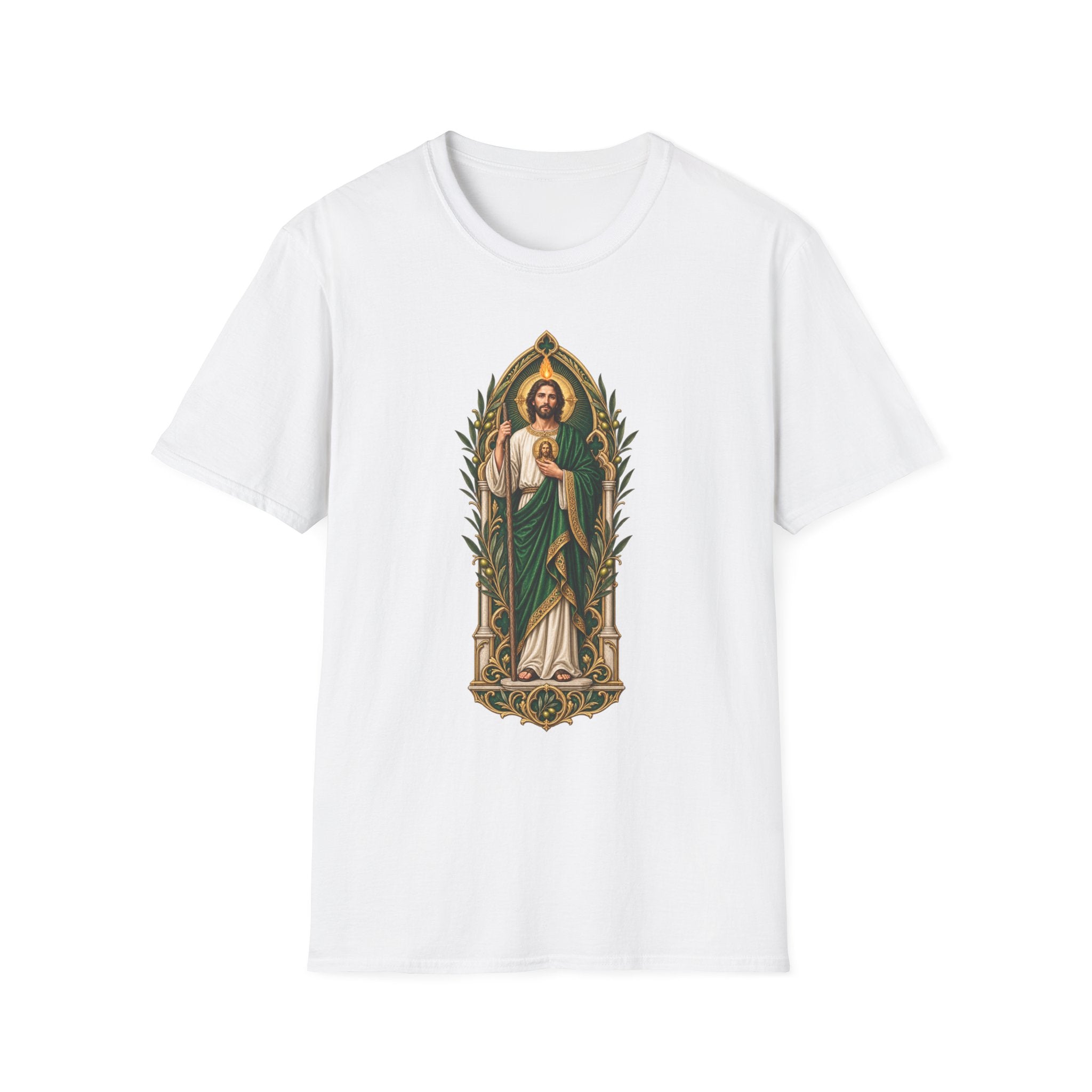 San Judas Tadeo Olive Reliquary Unisex T-Shirt product preview, view 3