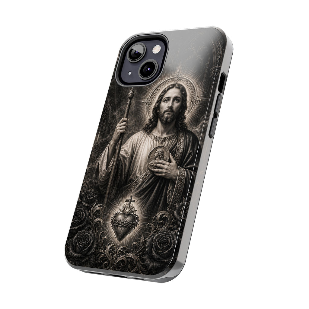 San Judas Tadeo black and grey Gothic cathedral tough iPhone case mockup