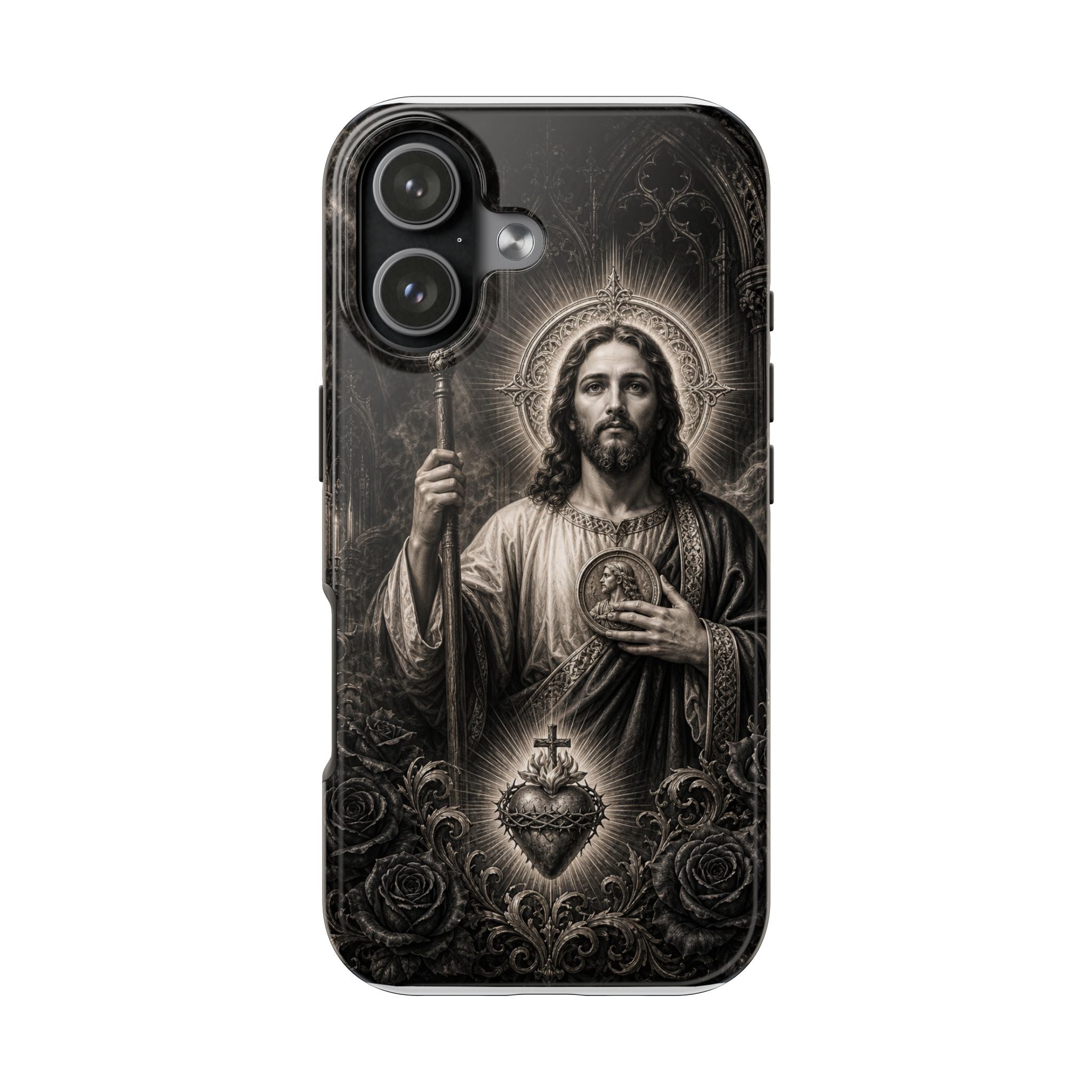 San Judas Tadeo black and grey Gothic cathedral tough iPhone case mockup