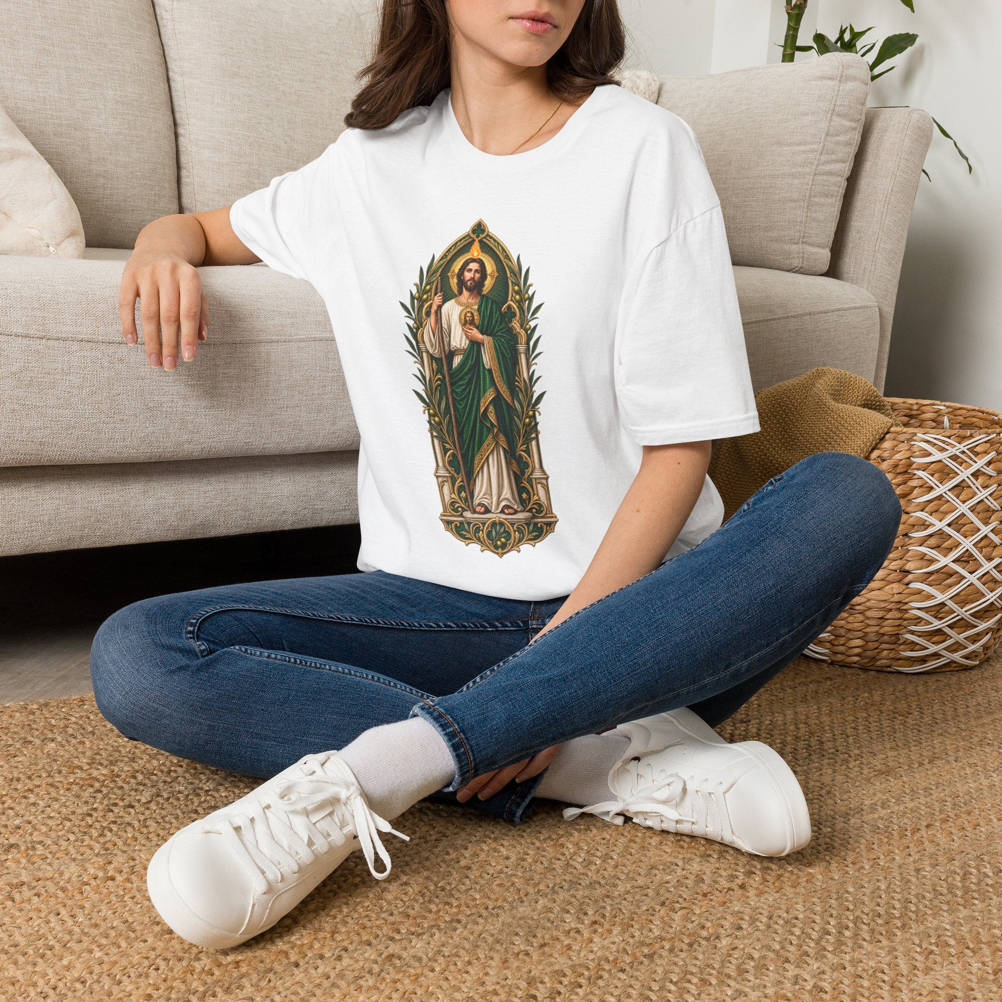 San Judas Tadeo Olive Reliquary Unisex T-Shirt product preview, view 2