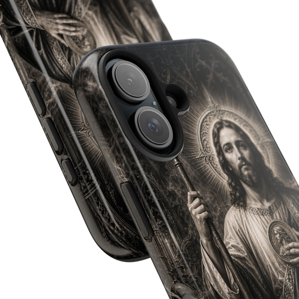 San Judas Tadeo black and grey Gothic cathedral tough iPhone case mockup