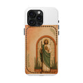 iPhone 15 Pro Max San Judas phone case with terracotta rosary garden artwork