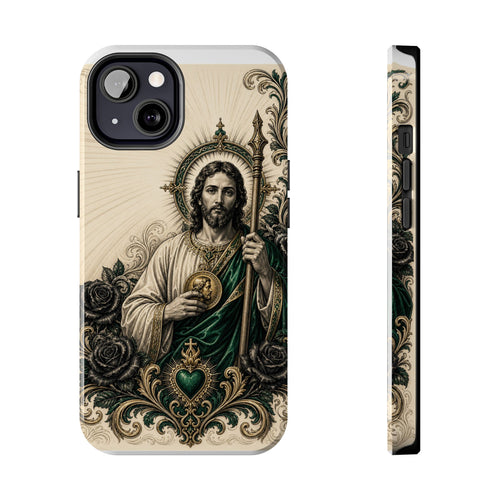 iPhone 13 San Judas phone case with emerald and gold Sacred Heart artwork