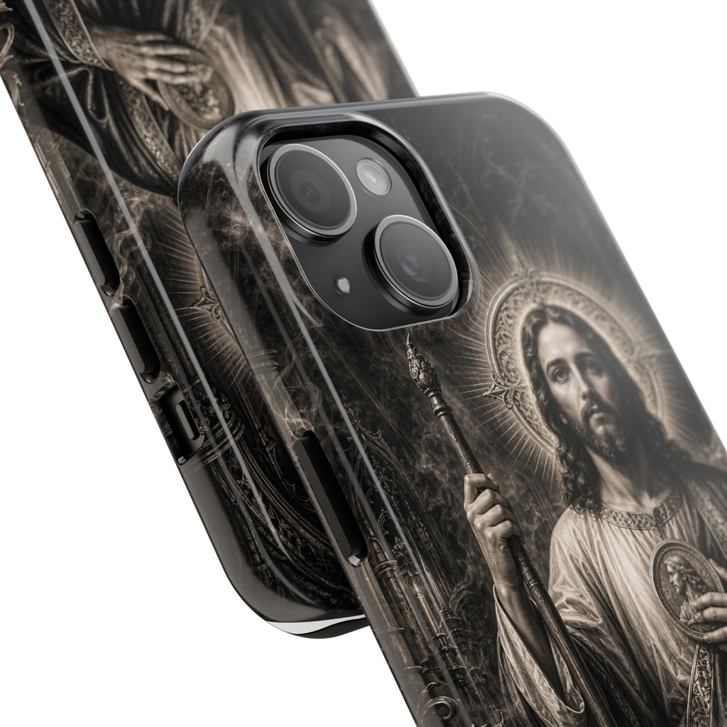 San Judas Tadeo black and grey Gothic cathedral tough iPhone case mockup