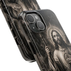 San Judas Tadeo black and grey Gothic cathedral tough iPhone case mockup