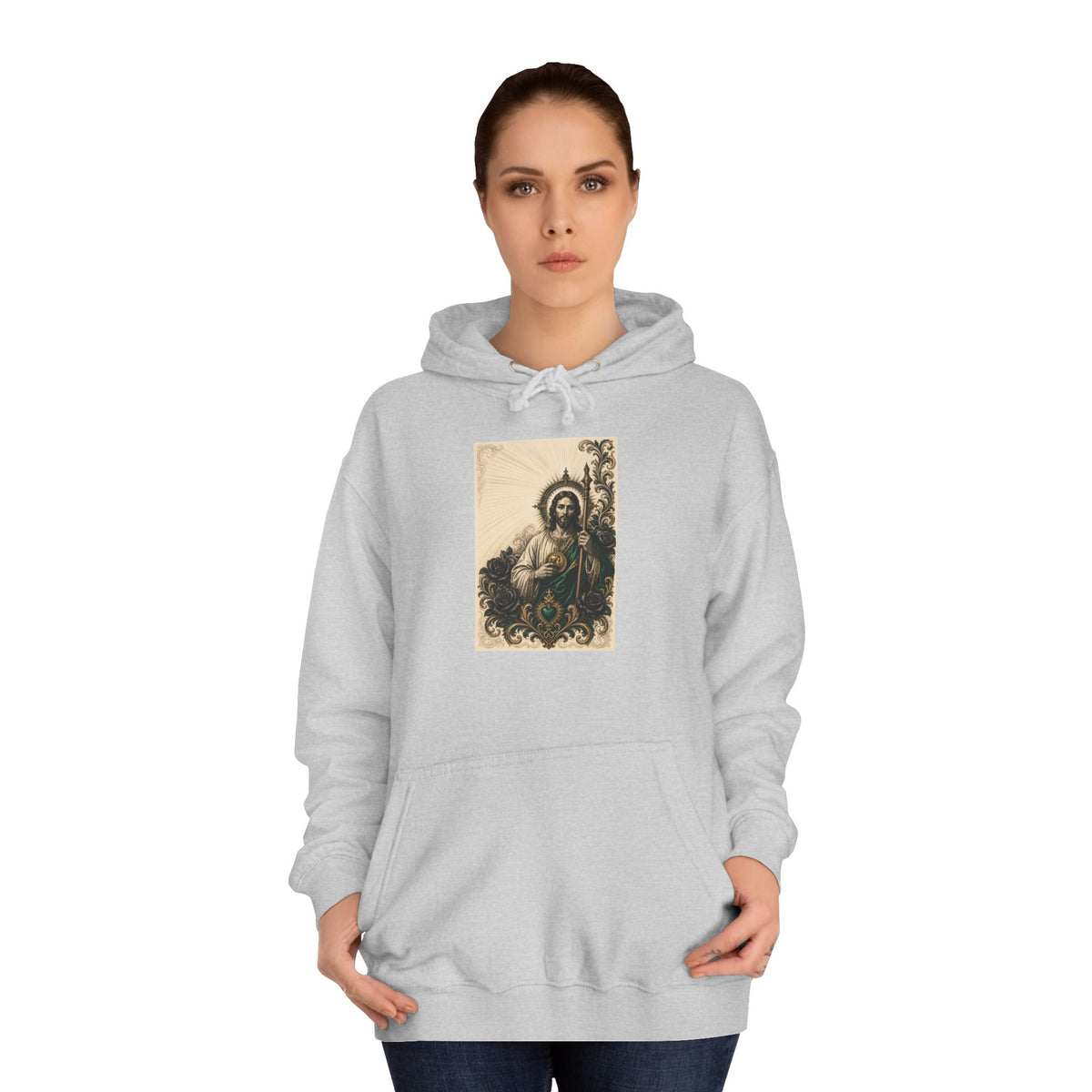 San Judas Tadeo Emerald & Gold Sacred Heart Unisex Hoodie product view 10
