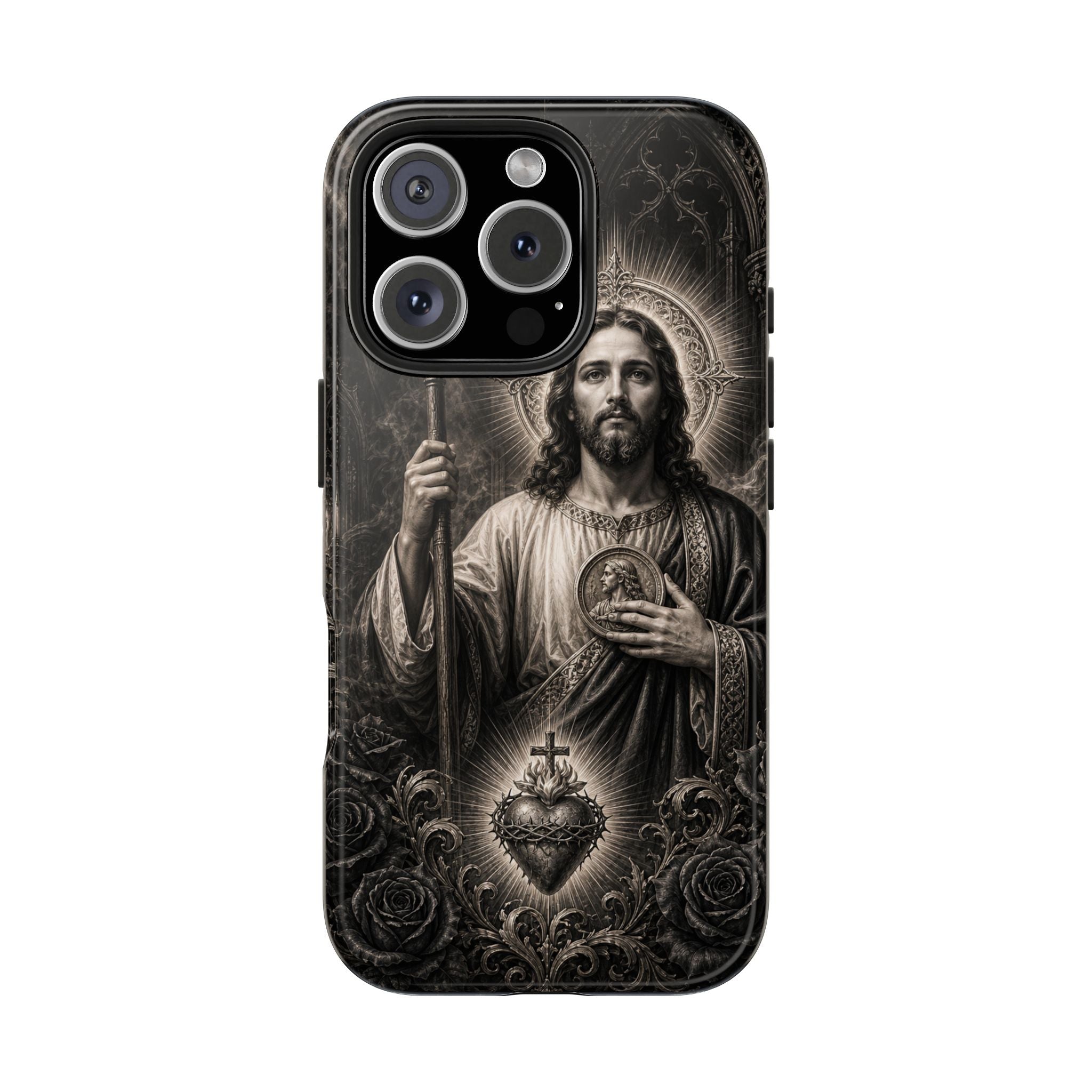 San Judas Tadeo black and grey Gothic cathedral tough iPhone case mockup