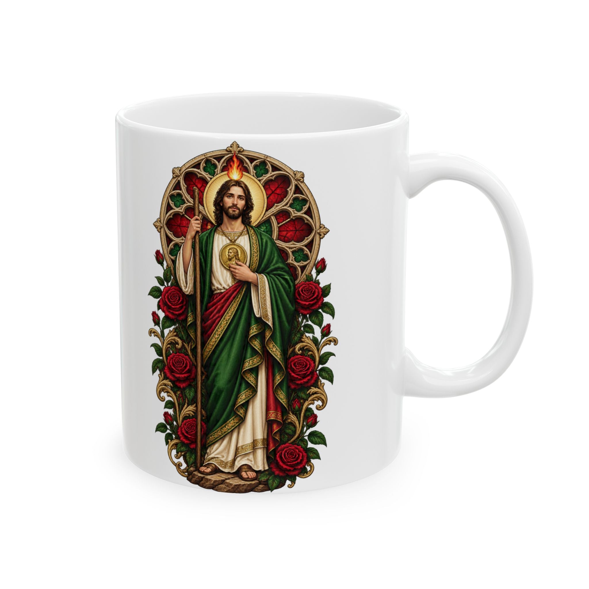San Judas Tadeo Crimson Rose Window Ceramic Mug product preview, view 4