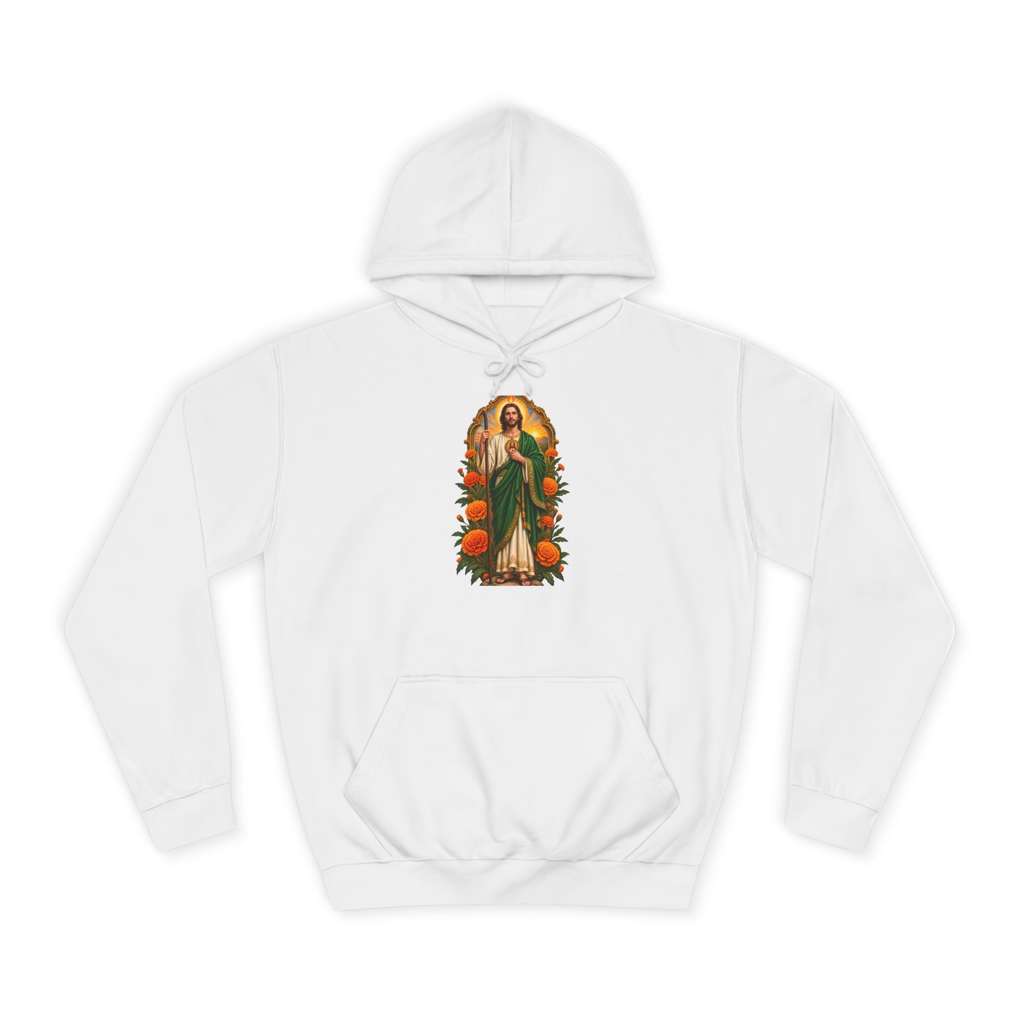 Marigold Sun Arch San Judas Tadeo illustration on a unisex hoodie